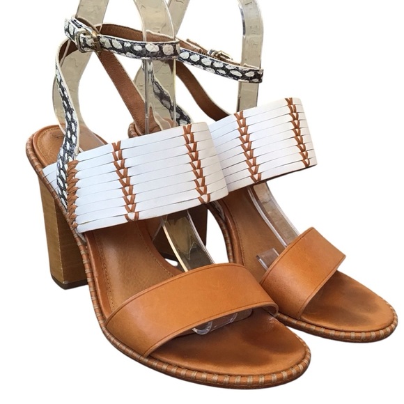 COACH Sevilla Beige White Leather Ankle Strap Block Heel Sandals - Picture 1 of 9